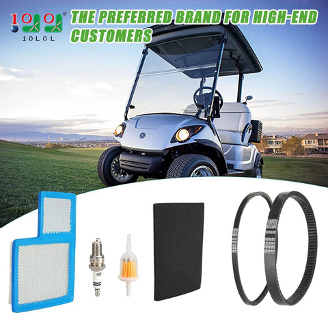 All In One Golf Cart Tune Up Kit With Starter Generator Belt And Drive Belt For Yamaha G16 G19 G22 1996 And Up shown with golf cart