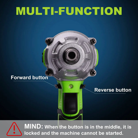 Cordless One Half Inch Impact Wrench Kit With 300 Foot Pounds Torque showing forward and reverse button controls