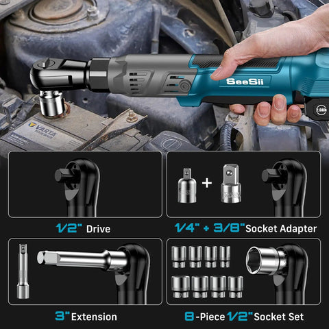 Half Inch Cordless Electric Ratchet Wrench Pro Grade With 90 Nm Torque shown in use with accessories and adapters