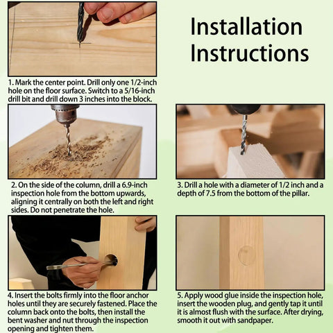 Installation instructions for Heavy Duty Two Pack Wood Newel Post Mounting Kit With Rust Proof Steel Lag Bolts and premium white oak plugs.