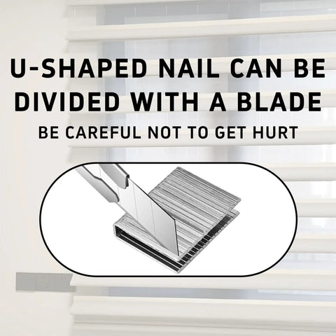 U-shaped nail shown with a blade, demonstrating cutting technique for Rock Solid Heavy Duty 80 Piece Replacement Louver Staples For Plantation Shutter Repair Kit Tilt Rod Hardware Silver Metal Finish Quick No Sweat Setup For Home Use.