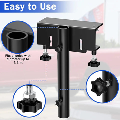 Universal Truck Flag Pole Mount Holder Clamps Poles Up To 1.2 Inches with easy-to-use clamp and adjusting screws.