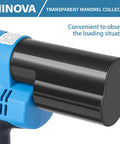 Heavy Duty Brushless Cordless Rivet Gun With 18V 4Ah Battery, close-up of transparent mandrel collector for loading visibility.