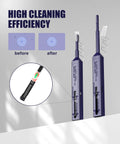 Two purple VANDESAIL LC fiber-optic cleaning pens with a one-click cleaner; close-up of internal cleaning head