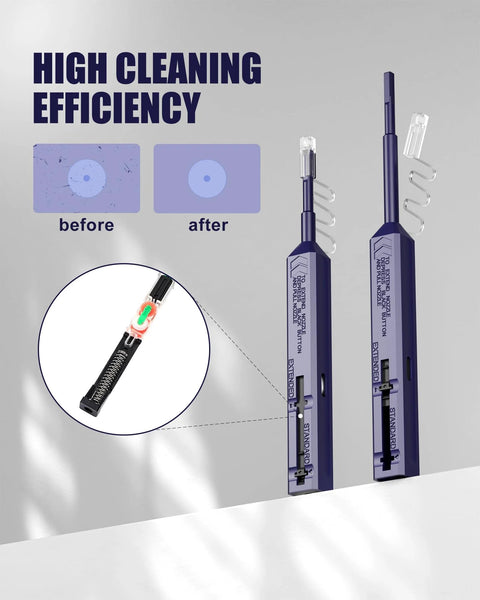 Two purple VANDESAIL LC fiber-optic cleaning pens with a one-click cleaner; close-up of internal cleaning head