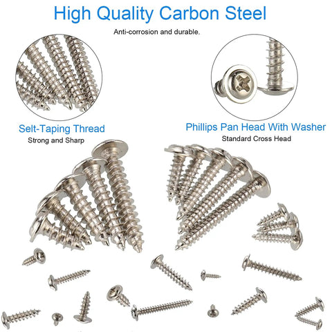 Top Shelf Boss Pack 420 Piece Phillips Truss And Wafer Head Self Tapping Wood Screws Assortment Kit With Washers M2 M3 M4 Metric Sizes, Nickel Plated Carbon Steel, assorted screws views.