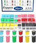 Jcase Fuse Assortment Kit For Trucks Cars And Suvs Contains 36 Heavy Duty Low Profile And Tall Blades Rated 20 To 80 Amps colorful fuses in storage case.