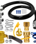 Rock Solid 48 Inch Commercial Gas Hose Connector Kit With 3/4 Quick Disconnect And Full Port Shut Off Valve For Chefs And Restaurants Featuring Reliable Restraint Cable components laid out on white background.