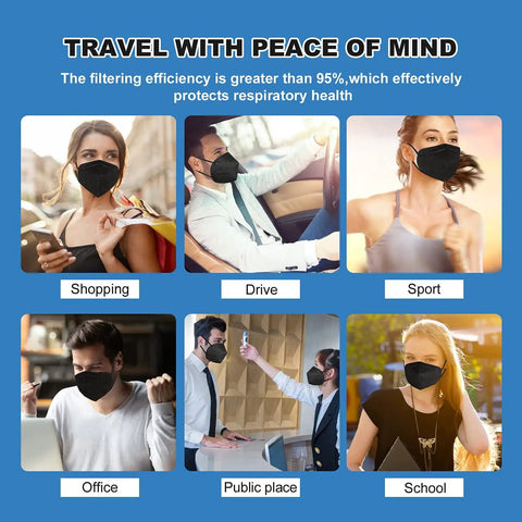 Collage showcasing Black KN95 Five Ply Cup Style Face Mask for shopping, driving, sports, office, public places, and school use.