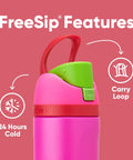 Kid Sized Insulated Stainless Steel Water Bottle With FreeSip Spout, 16 Oz, BPA Free, Leakproof Push Button Lid With Lock, Built In Straw