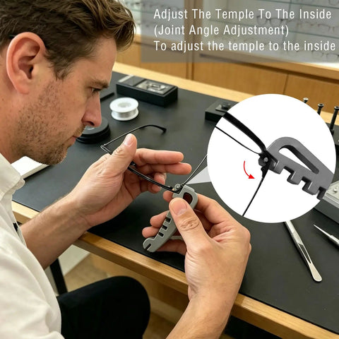 Man using All In One Eyeglass Frame Adjustment Tool For DIY Glasses Repair Curvature Bender For Temple Arms And Nose Pads Precision Tweaks