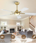 52 Inch White Gold Ceiling Fan With Light And Remote DC Motor 6 Speeds Reversible Dimmable 3CCT LED in modern living room