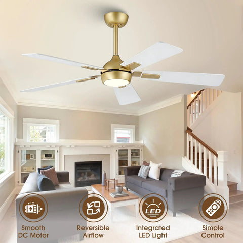 52 Inch White Gold Ceiling Fan With Light And Remote DC Motor 6 Speeds Reversible Dimmable 3CCT LED in modern living room