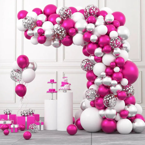 Hot Pink And Silver Balloon Garland Arch Kit With Confetti Balloons For Weddings, Anniversary, Bachelorette Party, Birthday And Christmas Decor, Featuring Fuchsia Pink, Metallic Rose Red, White And Chrome Silver Balloons For A Party Ready Vibe.