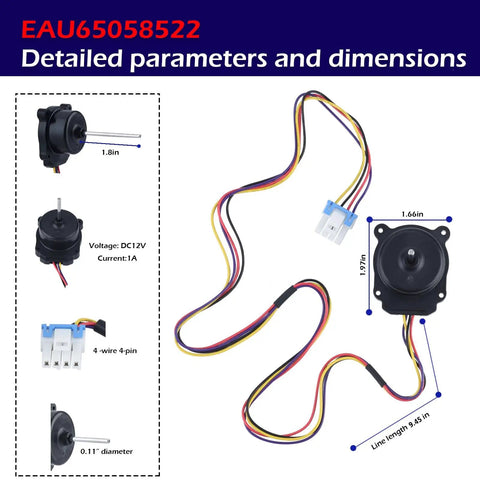 Evaporator Fan Motor Assembly For Refrigerator Replacement Pro Grade DC 12V 1A Four Wire Four Pin Connector with measurements