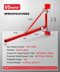 Usyato Wall Mount Jib Crane, 660 Lbs Electric Scaffolding Lift Hoist Support Arm dimensions and specifications on a display.