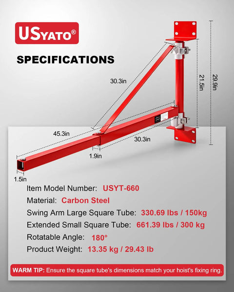 Usyato Wall Mount Jib Crane, 660 Lbs Electric Scaffolding Lift Hoist Support Arm dimensions and specifications on a display.