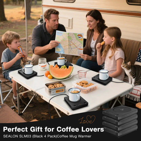 Keep Your Coffee Tea And Cocoa Toasty With This Slick Black Four Pack Electric Cup Heater Boasting Three Custom Heat Levels And A Universal Mug Fit That Slides Right Into Every Office Or Home, used outdoors.