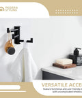 Super Slick Swivel Towel Hook With Three Turning Arms Matte Black Wall Mount Coat Rack holding a towel and bath accessories.