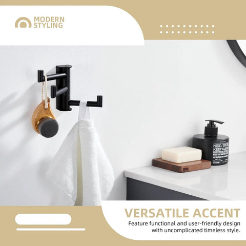 Super Slick Swivel Towel Hook With Three Turning Arms Matte Black Wall Mount Coat Rack holding a towel and bath accessories.