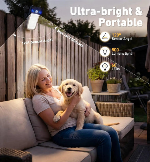 Clip On Solar Lights 4 Pack With 60 LED 500LM Motion Sensor USB And Solar Powered Waterproof Security Lights for deck illuminating woman with dog