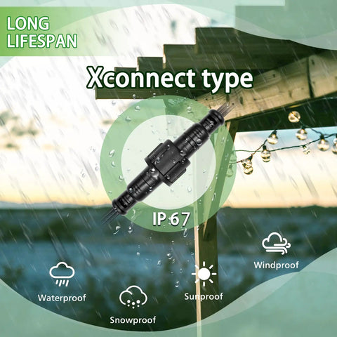Six Pair Three Pin Xconnect Pigtail Connectors For Low Voltage Lighting System Copper Wire in rain, showcasing IP67 waterproof features.