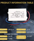 Heavy Duty 12 Volt Dc Power Supply 25 Watt Ac Dc Adapter smooth flicker free LED driver with specifications on a white background.