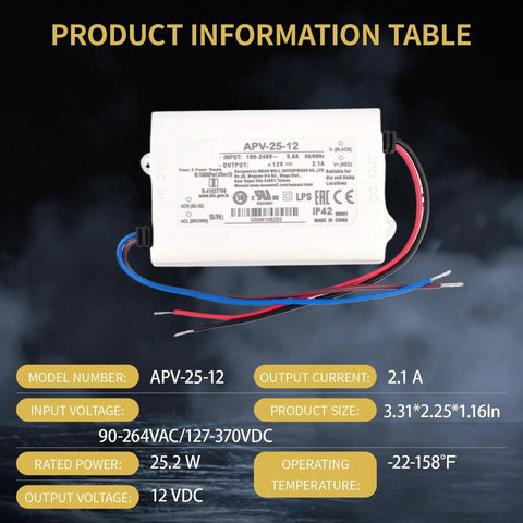 Heavy Duty 12 Volt Dc Power Supply 25 Watt Ac Dc Adapter smooth flicker free LED driver with specifications on a white background.