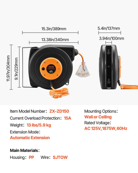 Heavy Duty 45 Ft Retractable Extension Cord Reel With Lighted Triple Tap Outlet, 15 Amp Circuit Breaker, 12AWG 3C SJTOW Cord, 180 Degree Swivel Bracket For Ceiling Or Wall Mount, Weather Resistant And Tangle Free. Wall-mounted reel with dimensions and SJTOW cord