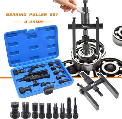 Pro-Grade Motorcycle Blind Bearing Extractor Puller Kit 8-25mm shown with blue case and components displayed.