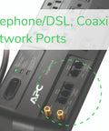 Close-up of Beefed Up Heavy Duty Surge Protector Power Strip With 3020 Joules Eleven Outlets showing ports and labels.