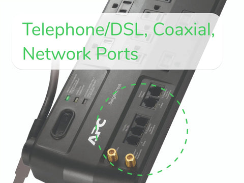 Close-up of Beefed Up Heavy Duty Surge Protector Power Strip With 3020 Joules Eleven Outlets showing ports and labels.