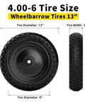 Flat Free Tire And Wheel Set 4.00-6 For Garden Cart, Wheelbarrow, And Hand Truck, 13 Inch Solid Wheel, 2 Pack, front and side view