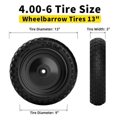 Flat Free Tire And Wheel Set 4.00-6 For Garden Cart, Wheelbarrow, And Hand Truck, 13 Inch Solid Wheel, 2 Pack, front and side view