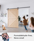 Solid Spruce Wood Sliding Barn Door 54X84 with kids playing and a cat, showcasing a farmhouse vibe in a modern room.