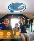 Kids playing under a 20 Inch Astronaut Ceiling Light for Kids Room and Bedroom Dimmable LED Flush Mount with Remote Control Resin Planet and Astronaut Figurine Rust Proof Metal Easy Install 3000K 6000K Color Temperature Kid Friendly Night Light Amusement Room Decor.