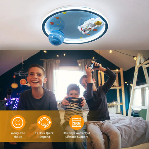 Kids playing under a 20 Inch Astronaut Ceiling Light for Kids Room and Bedroom Dimmable LED Flush Mount with Remote Control Resin Planet and Astronaut Figurine Rust Proof Metal Easy Install 3000K 6000K Color Temperature Kid Friendly Night Light Amusement Room Decor.