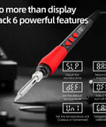 60W Digital Soldering Iron Kit With LED Display 21 In 1 Fast Heating 5 Replaceable Tips in close-up with red handle and controls