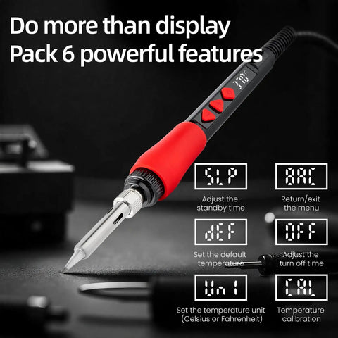 60W Digital Soldering Iron Kit With LED Display 21 In 1 Fast Heating 5 Replaceable Tips in close-up with red handle and controls