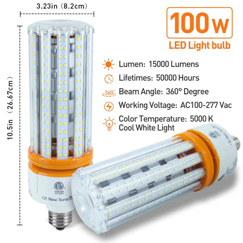 1000W Equivalent LED Corn Bulb Mega Bright 15000 Lumen 5000K Daylight White E26 E39 Mogul Base 2 Pack