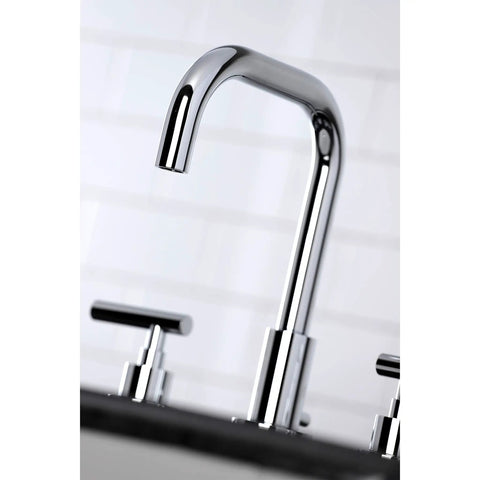 Manhattan Widespread Bathroom Faucet With Pop Up Drain In Polished Chrome, Solid Brass Construction, shown in close-up view.