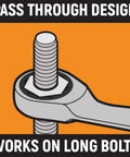 Illustration of 12 Point Reversible Ratcheting Wrench 21mm Metric in use with pass-through design on long bolts.