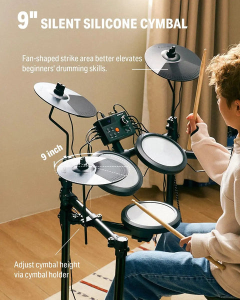 Starter Electronic Drum Kit For Beginners With 150 Sounds Quiet Mesh Pads Nine Inch Cymbals USB MIDI Type C Charging