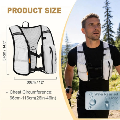 Hydration Running Vest For Women And Men, Adjustable Lightweight Nylon Pack With Phone Holder in white, on male model