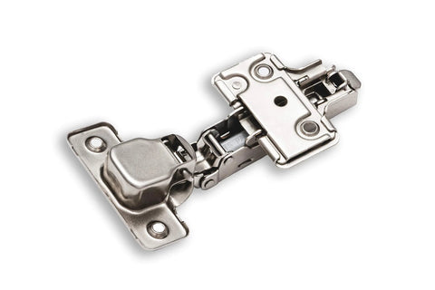 Concealed cabinet hinge, silver metal, clip-on, full-overlay for frameless kitchen cabinets