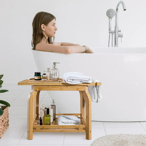 Two Tier Bamboo Shower Bench For In Shower Use 25 Inch Waterproof Bath Stool With Storage Shelf No Slip Feet Safe And Stable