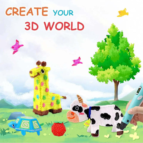 Create a 3D world with 3D pen art of giraffe, cow, turtle, and tree using 22 Color PLA 1.75mm 3D Pen Filament Refills Pack