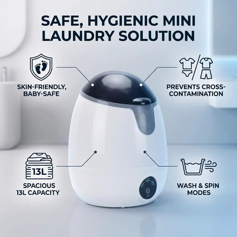 Compact Mini Countertop Washer With Spinning Dehydration Basket And Sanitary Blue Light Mode For Undies Socks And Baby Clothes Delivers Big Time Fresh Results While Making Laundry Day Hella Easy And Completely Hassle Free, 13L capacity and wash modes.