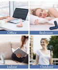 Collage showing 2 In 1 Portable Handheld Fan USB Rechargeable Personal Mini Fan in various settings: office, bedroom, indoor, outdoor.