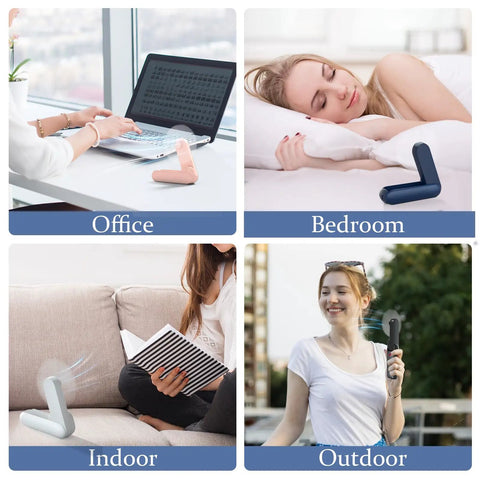 Collage showing 2 In 1 Portable Handheld Fan USB Rechargeable Personal Mini Fan in various settings: office, bedroom, indoor, outdoor.